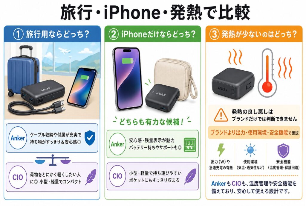旅行・iPhone・発熱で比較|CIOとAnkerはどっちがおすすめ?