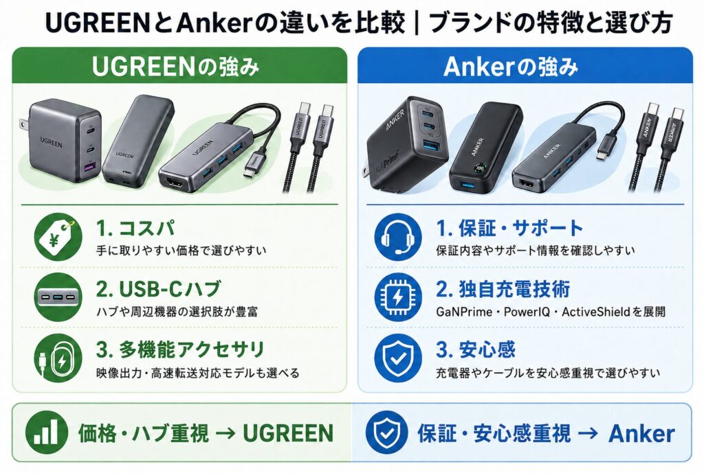 UGREENとAnkerの違いを比較|ブランドの特徴と選び方
