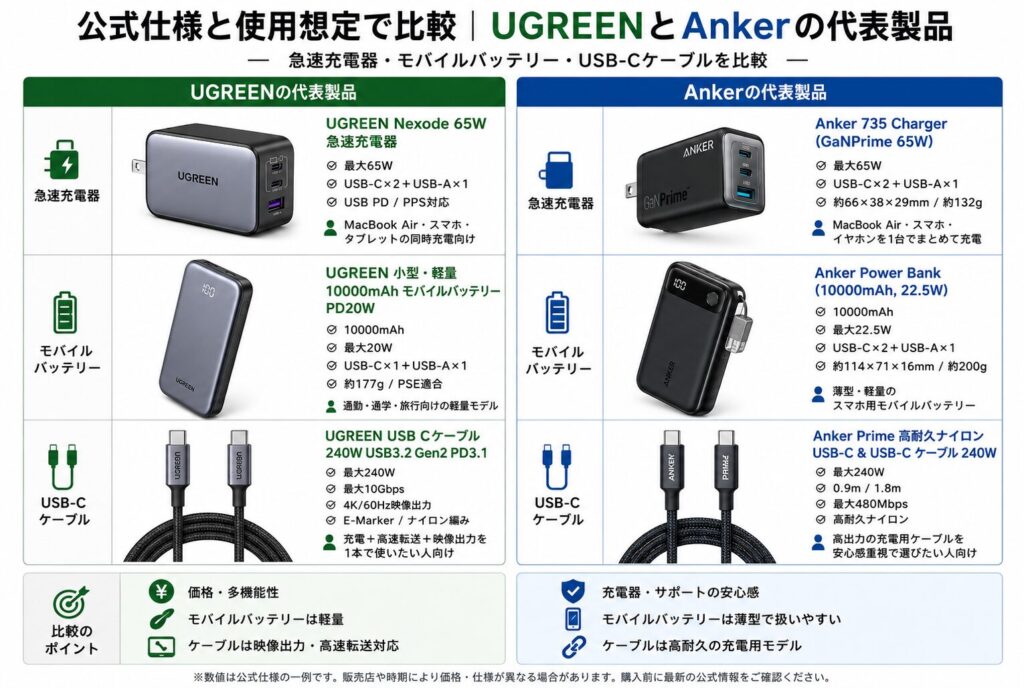公式仕様と使用想定で比較|UGREENとAnkerの代表製品