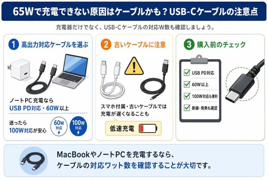 65Wで充電できない原因はケーブルかも？USB-Cケーブルの注意点