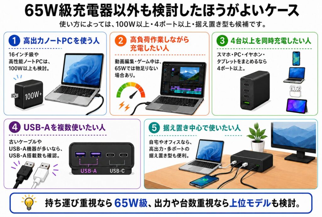 65W級充電器以外も検討したほうがよいケース