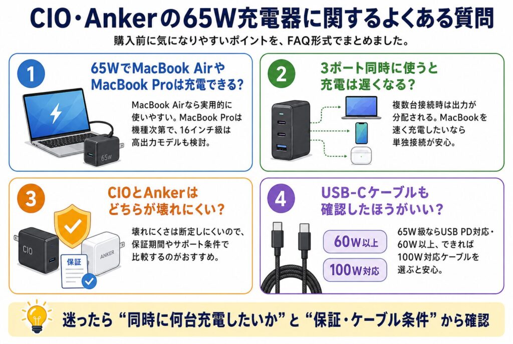 CIO・Ankerの65W充電器に関するよくある質問